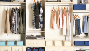 A closet with a lot of clothes and drawers.