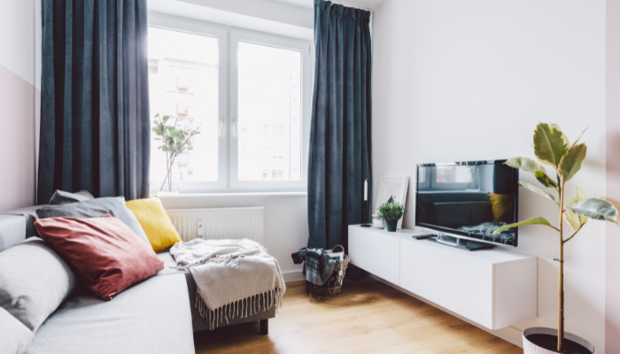 A cozy living room with a gray sofa, colorful cushions, a TV on a white stand, indoor plants, and large windows with dark curtains.