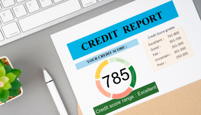 A credit report document showing a score of 785 with an 'Excellent' rating, placed on a desk with a pen, keyboard, and a small plant.