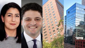 A composite image featuring Martha Gaitan-Manning on the left, AJ Markowski in the center-left, 1350-1360 North Lake Shore Drive high-rise in the center-right, and the Hubbard221 luxury building on the far right.