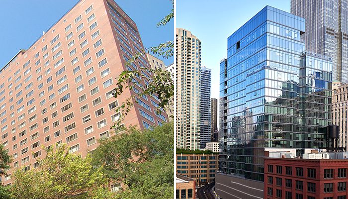 A dual image showing Draper and Kramer properties: 1350-1360 North Lake Shore Drive, a red brick high-rise on the left, and Hubbard221, a modern glass high-rise reflecting the Chicago skyline, on the right.