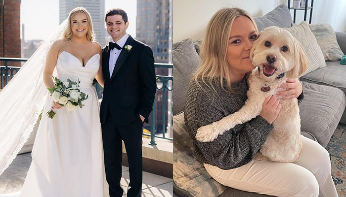 Two photos side by side: on the left, AJ Markowski and his wife, Kim, pose outdoors on their wedding day, with AJ in a tuxedo and Kim in a white wedding gown holding a bouquet; on the right, Kim sits on a couch holding their fluffy, light-colored dog, George, while smiling warmly.