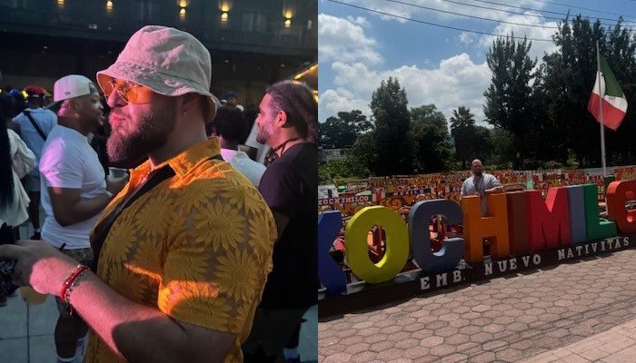 Two images side by side: on the left, Heroes Salinas at a concert wearing a yellow shirt, a bucket hat, and sunglasses, surrounded by a crowd; on the right, Heroes standing in front of colorful 'Xochimilco' letters in Mexico on a sunny day with trees and a Mexican flag in the background.