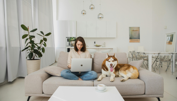 A woman working on a laptop at home while sitting on a sofa with her husky dog beside her, representing the comfort of pet-friendly living spaces.