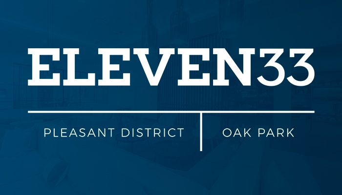 Eleven33 logo featuring bold white text on a blue background, with “Pleasant District | Oak Park” displayed beneath the property name, representing the luxury apartment community’s location in downtown Oak Park, Illinois.