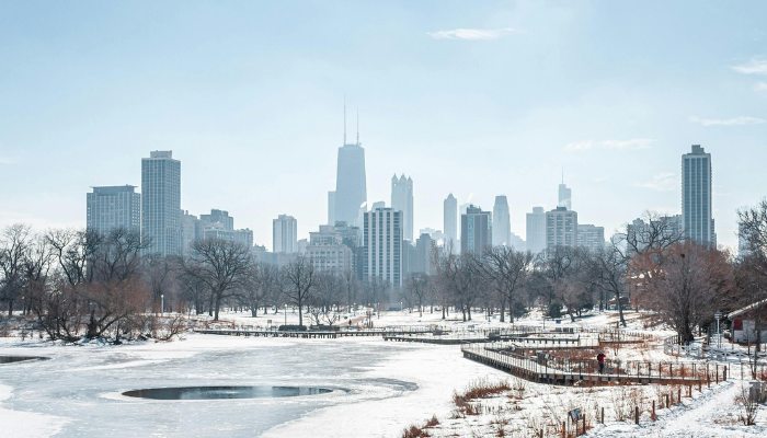 Chicago skyline viewed across a frozen Lincoln Park lagoon on a clear winter day