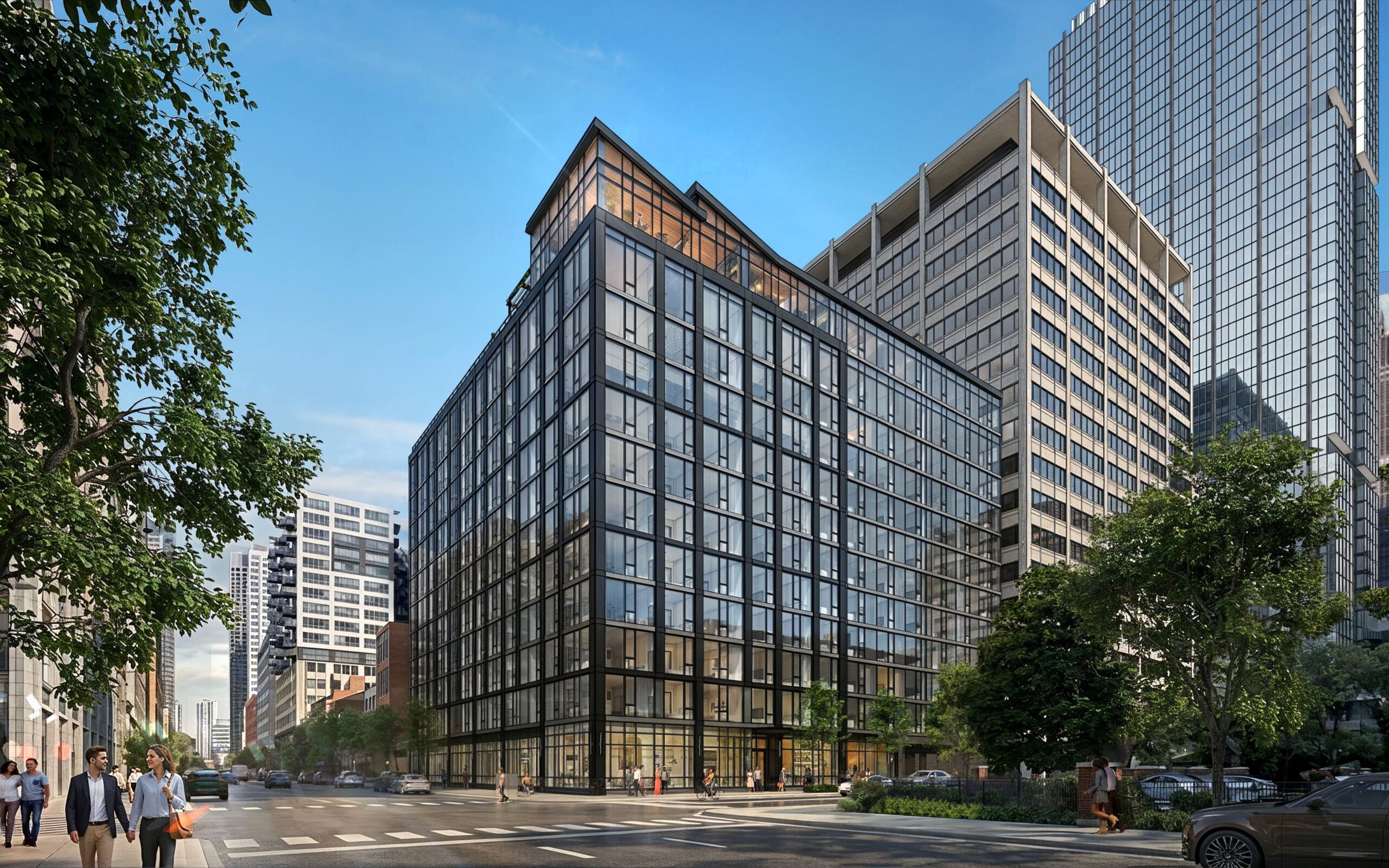 Modern glass-and-steel mid-rise apartment building at a city corner in Chicago’s West Loop, with ground-floor retail, large windows, and pedestrians walking along tree-lined streets, surrounded by taller office and residential towers under a clear blue sky.