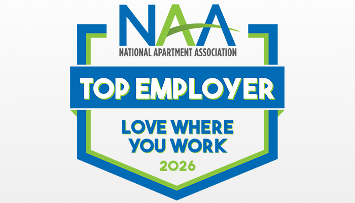 Badge-style graphic from the National Apartment Association reading “NAA Top Employer – Love Where You Work 2026,” in blue and green, with a shield-shaped design.
