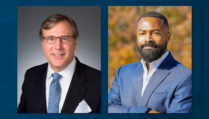 Side-by-side headshots of Draper and Kramer board members Donald Huffner (left) and Craig Robinson (right). Huffner is wearing a dark suit, light blue shirt and patterned blue tie. Robinson is wearing a blue blazer and white open-collar shirt against an autumn outdoor background.
